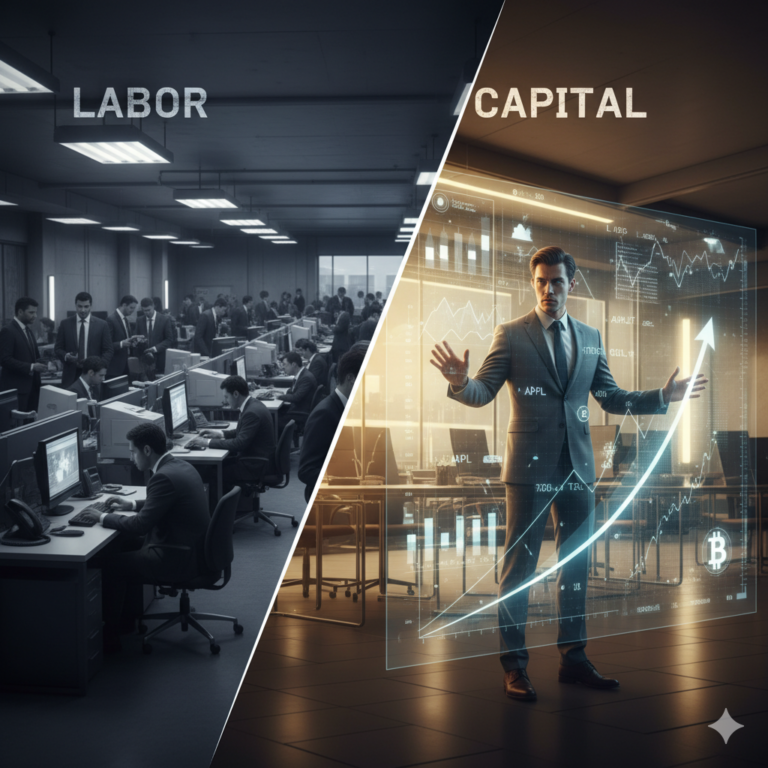 A cinematic, high-contrast split image from a financial documentary. On the left, a dark, blurred office filled with numerous workers in a gray, traditional environment, labeled "LABOR." On the right, a bright, golden-hued futuristic workspace with a single individual presenting a holographic interface displaying exponential growth graphs and digital asset symbols, labeled "CAPITAL." The image dramatically illustrates the transition from the old economy to the new.